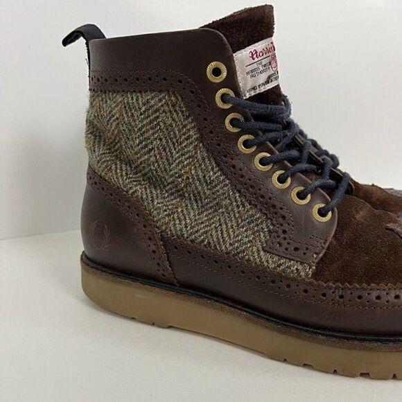 Fred Perry Northgate Brown Leather/Suede Harris Tweed Boots Mens US 7.5 Wingtip - Picture 2 of 12